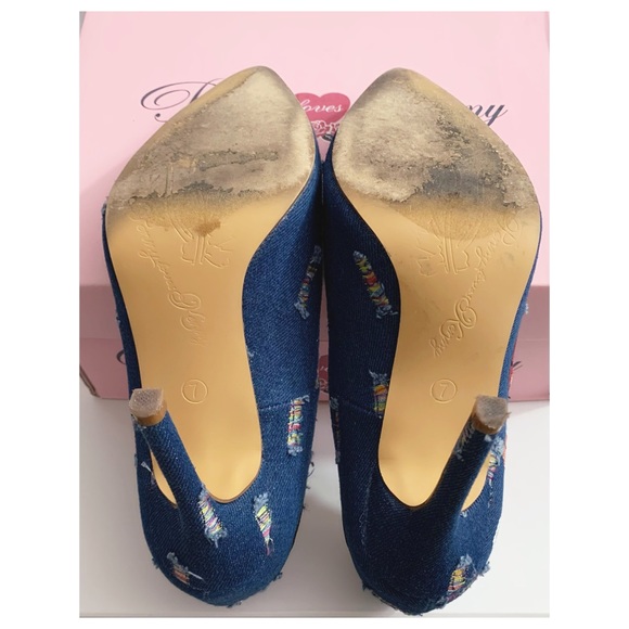EUC Penny Loves ❤️Kenny Blue Denim Multi Patches designs Heels-Size 7 - Picture 8 of 9